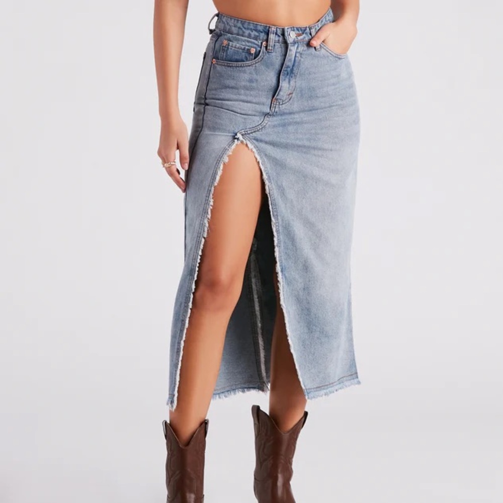 Denim High Slit Midi Skirt